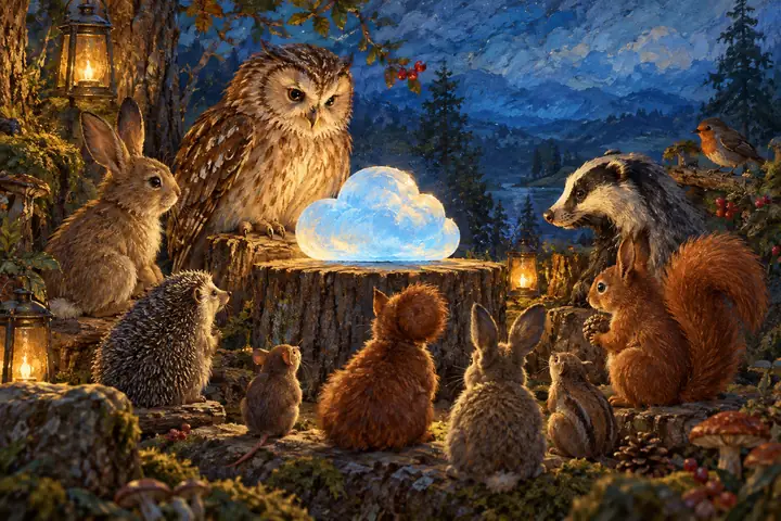 Uma cena horizontal pintada a óleo de animais reunidos na floresta, com ouriços, coelhos, esquilos e outros pequenos animais contra um fundo azul texturizado