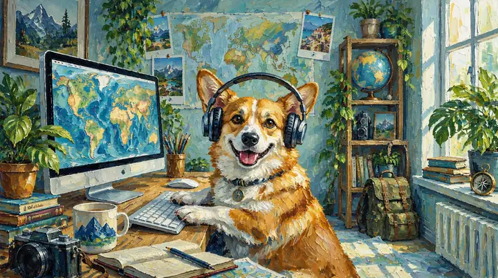 Um corgi alegre de fones de ouvido, sentado a uma mesa com um computador, pintado em cores vibrantes com tinta a óleo