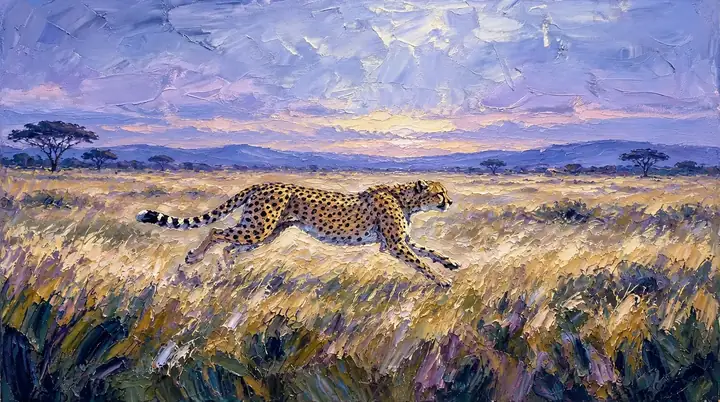 Um guepardo correndo pela savana sob um céu lilás em uma pintura a óleo