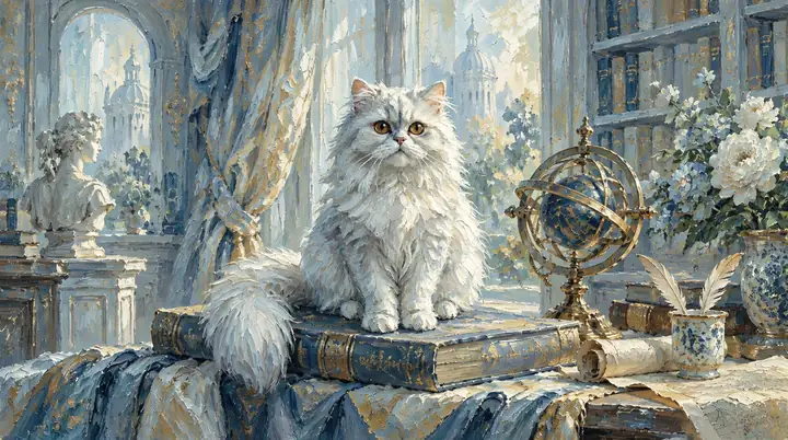 Um gato branco e fofo em um interior grandioso azul-claro, pintado com pinceladas espessas