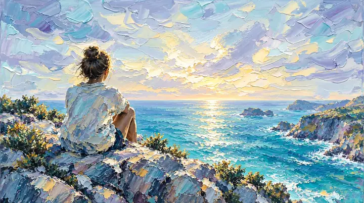 Uma baleia-jubarte saltando de um mar turquesa sob um céu luminoso pintado