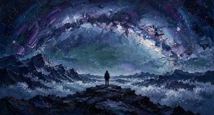 Uma figura solitária sob um vasto céu noturno pintado