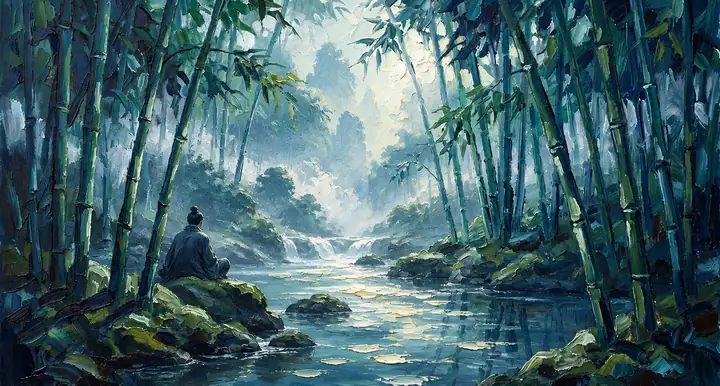 Um rio luminoso serpenteando por uma floresta de bambu pintada