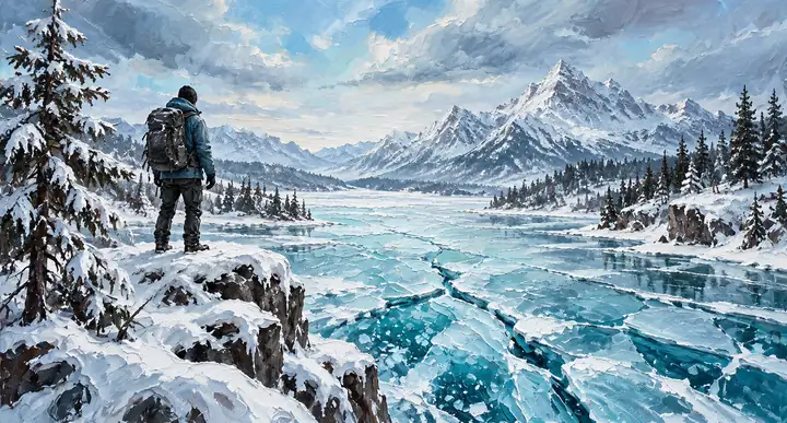 Rio congelado e margens cobertas de neve em uma paisagem de inverno em estilo pictórico