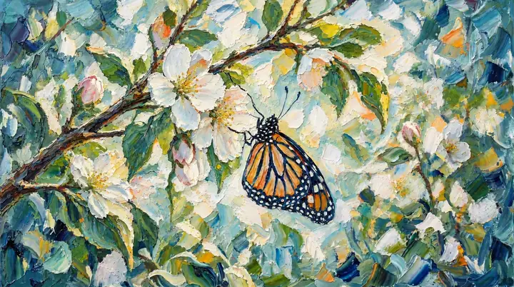 Borboleta-monarca pousada entre flores de tons claros