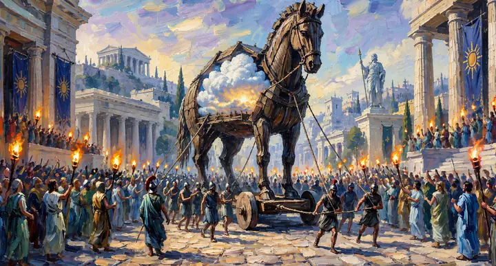 Cavalo de madeira monumental em uma praça de cidade antiga retratada em estilo pictórico