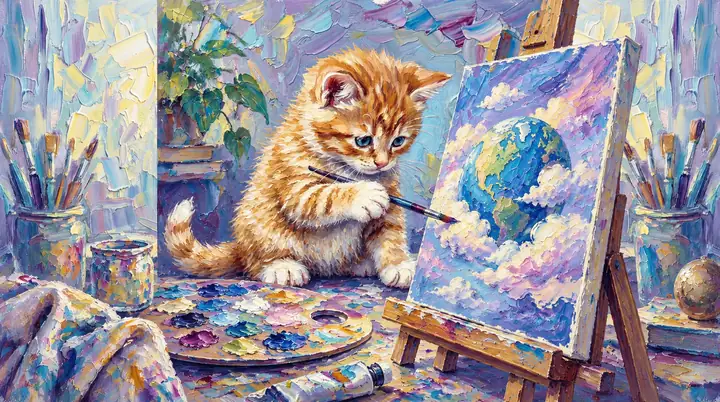 Gatinho laranja pintando em um ateliê de arte colorido