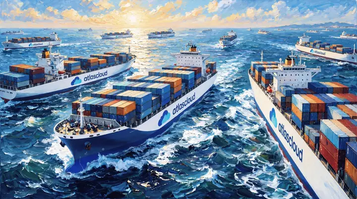 Navios de carga em estilo pictórico cruzando um amplo mar azul sob a luz quente da manhã