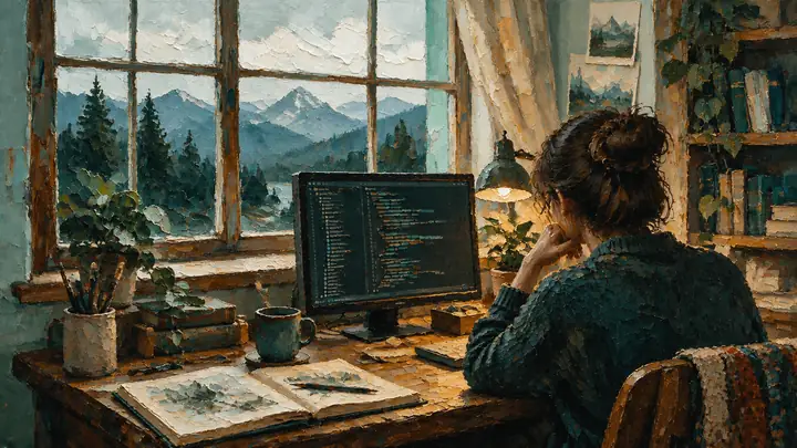 Ilustração em estilo pictórico que acompanha um fluxo de trabalho criativo baseado em terminal