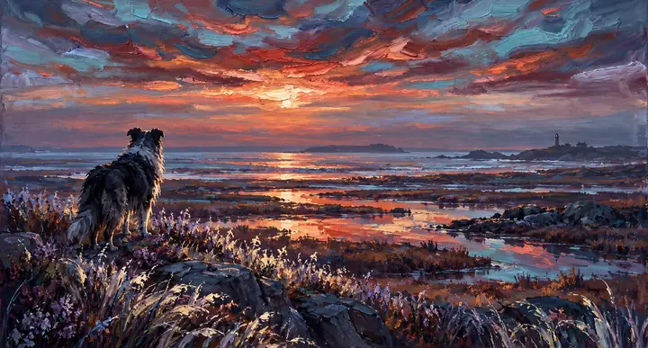 Pôr do sol vermelho em estilo pictórico sobre uma vasta planície costeira