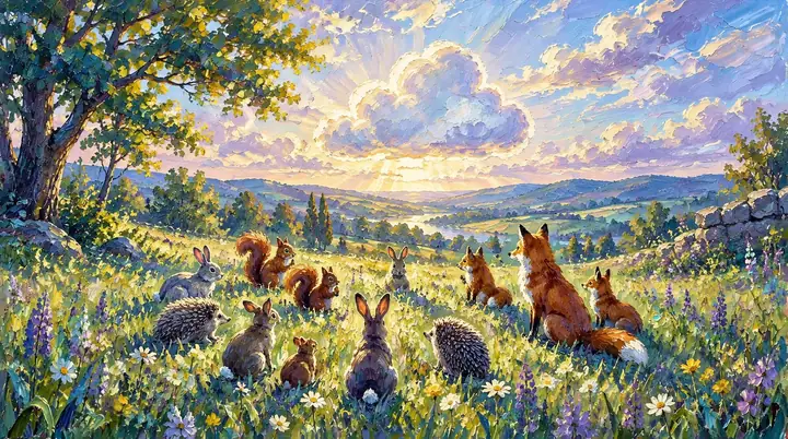 Coelhos, esquilos, ouriços e raposas reunidos em um prado ensolarado com aparência de pintura