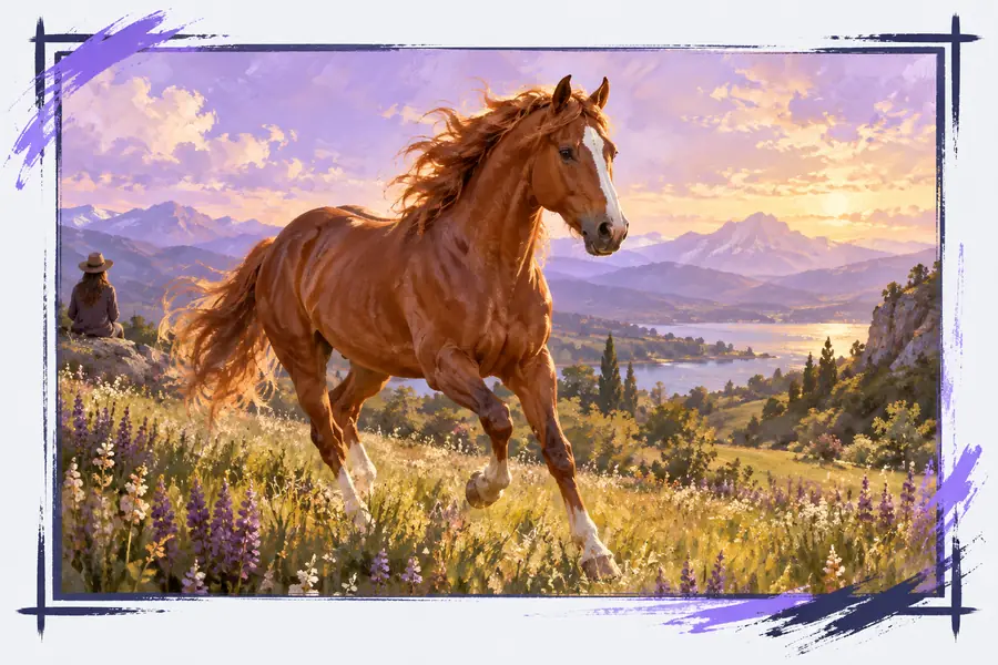 Painterly horse scene presented as an example of a starting still